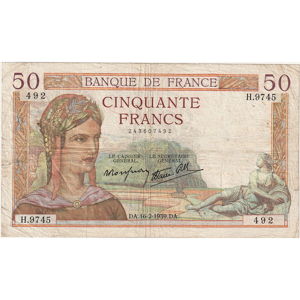 França, 50 Francs, Cérès, 1939, H.9745, VF(20-25), Fayette:18.22, KM:85b