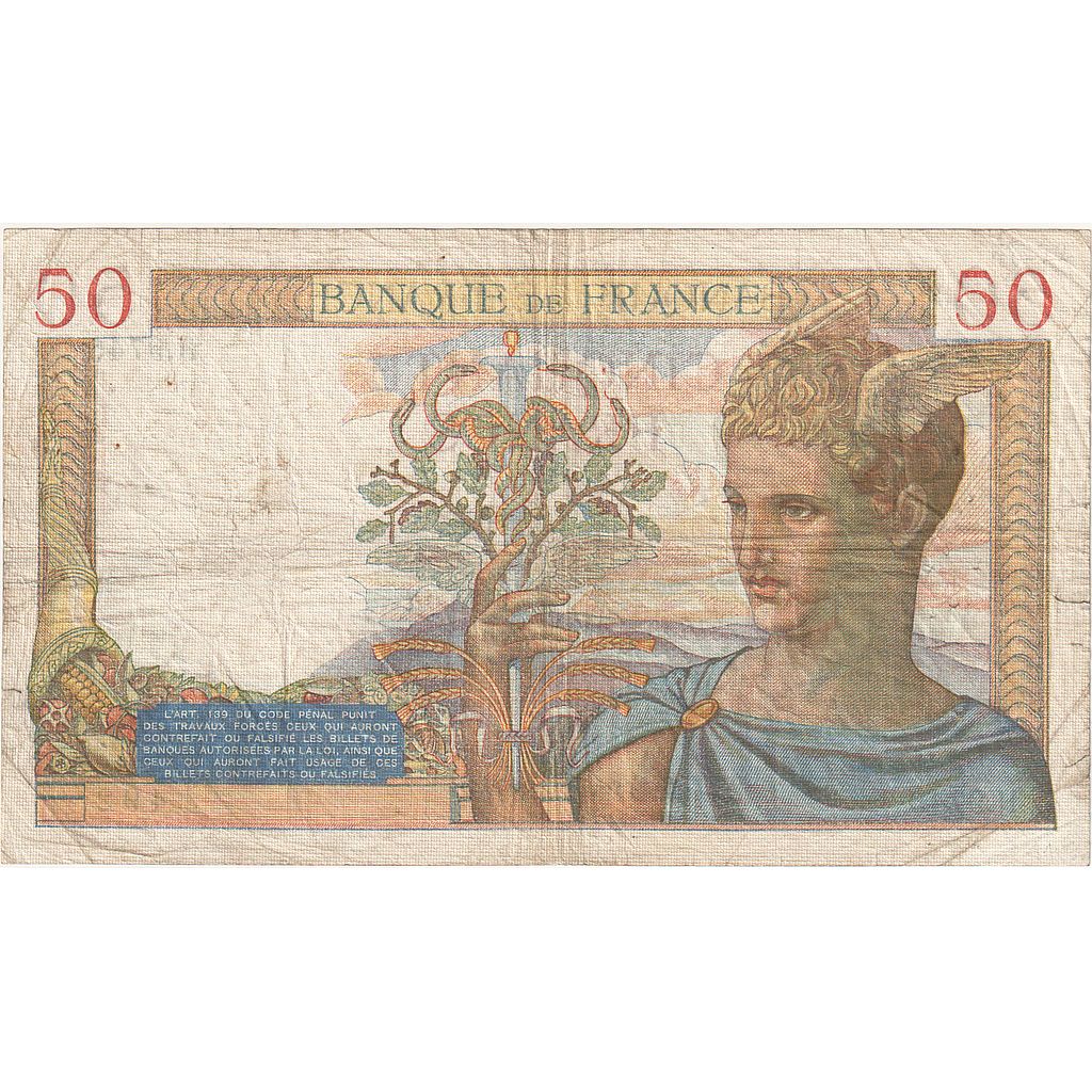 França, 50 Francs, Cérès, 1939, H.9745, VF(20-25), Fayette:18.22, KM:85b
