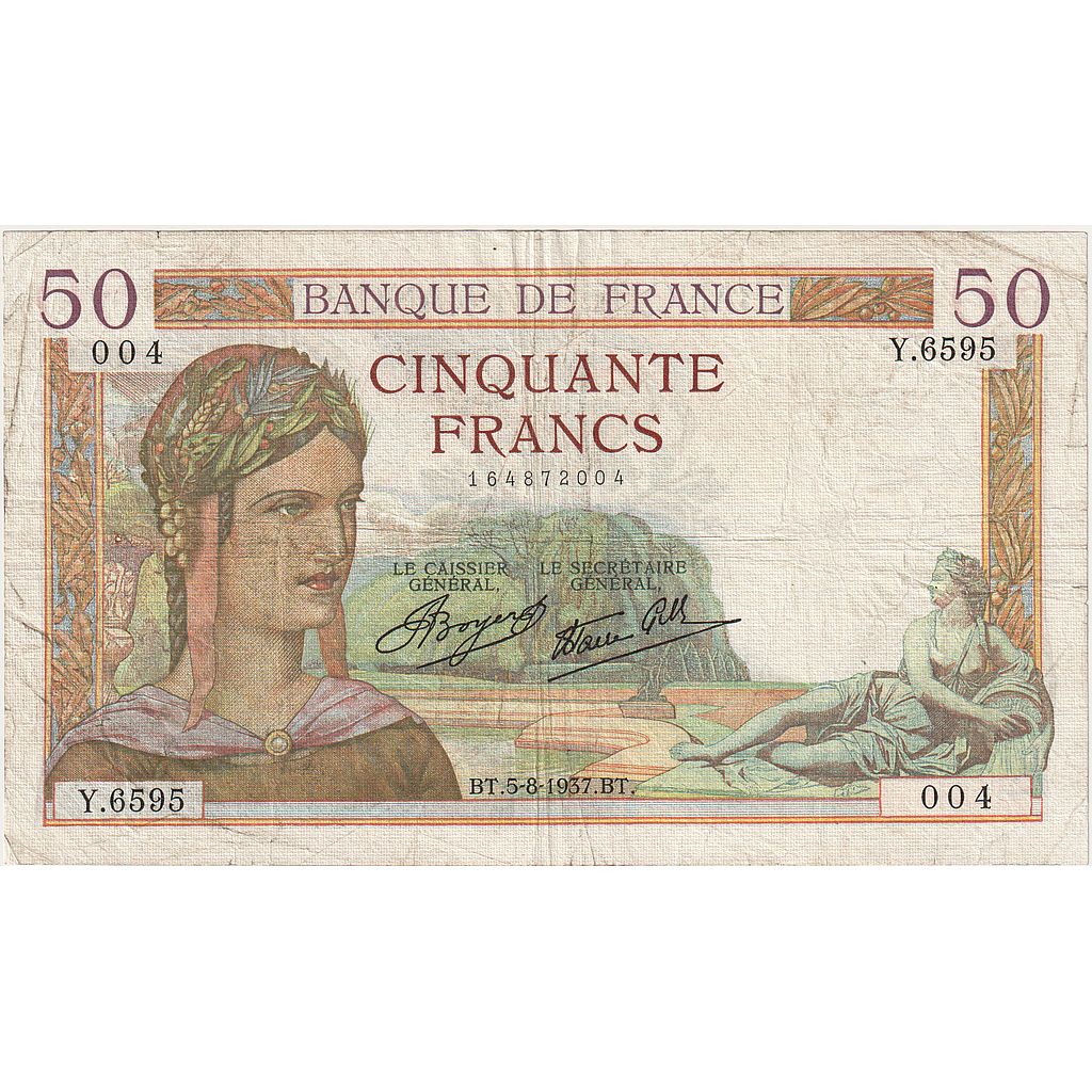 Frankrijk, 50 Francs, Cérès, 1937, Y.6595, TB, Fayette:18.1, KM:85a