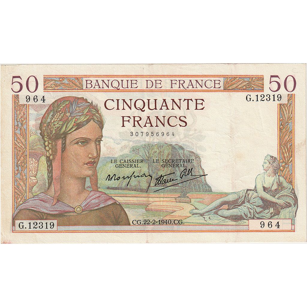 Francja, 50 Francs, Cérès, 1940, G.12319, AU(55-58), Fayette:18.39, KM:85b