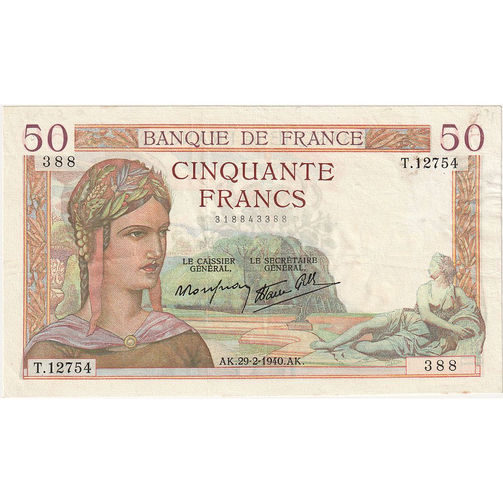 Francja, 50 Francs, Cérès, 1940, T.12754, AU(55-58), Fayette:18.40, KM:85b