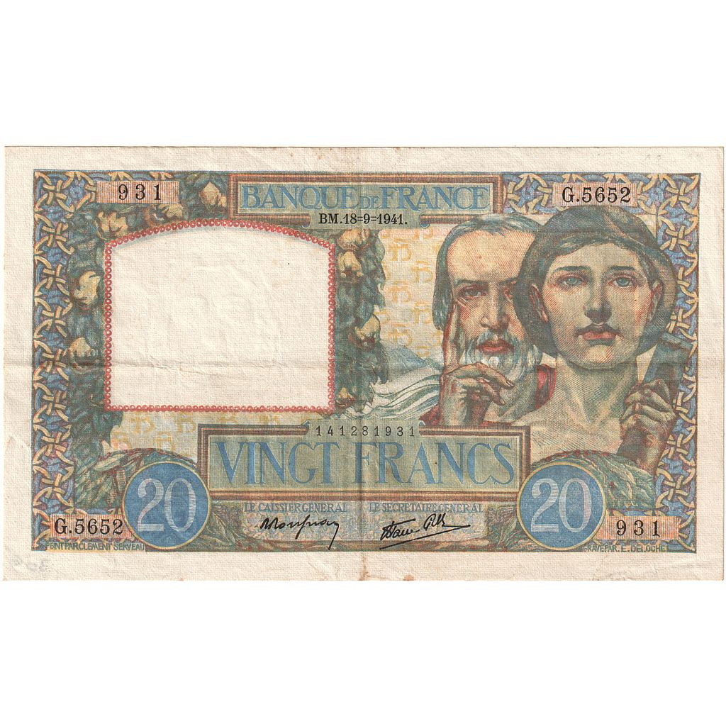 Francia, 20 Francs, Science et Travail, 1941, G.5652, MB+, Fayette:12.18, KM:92b