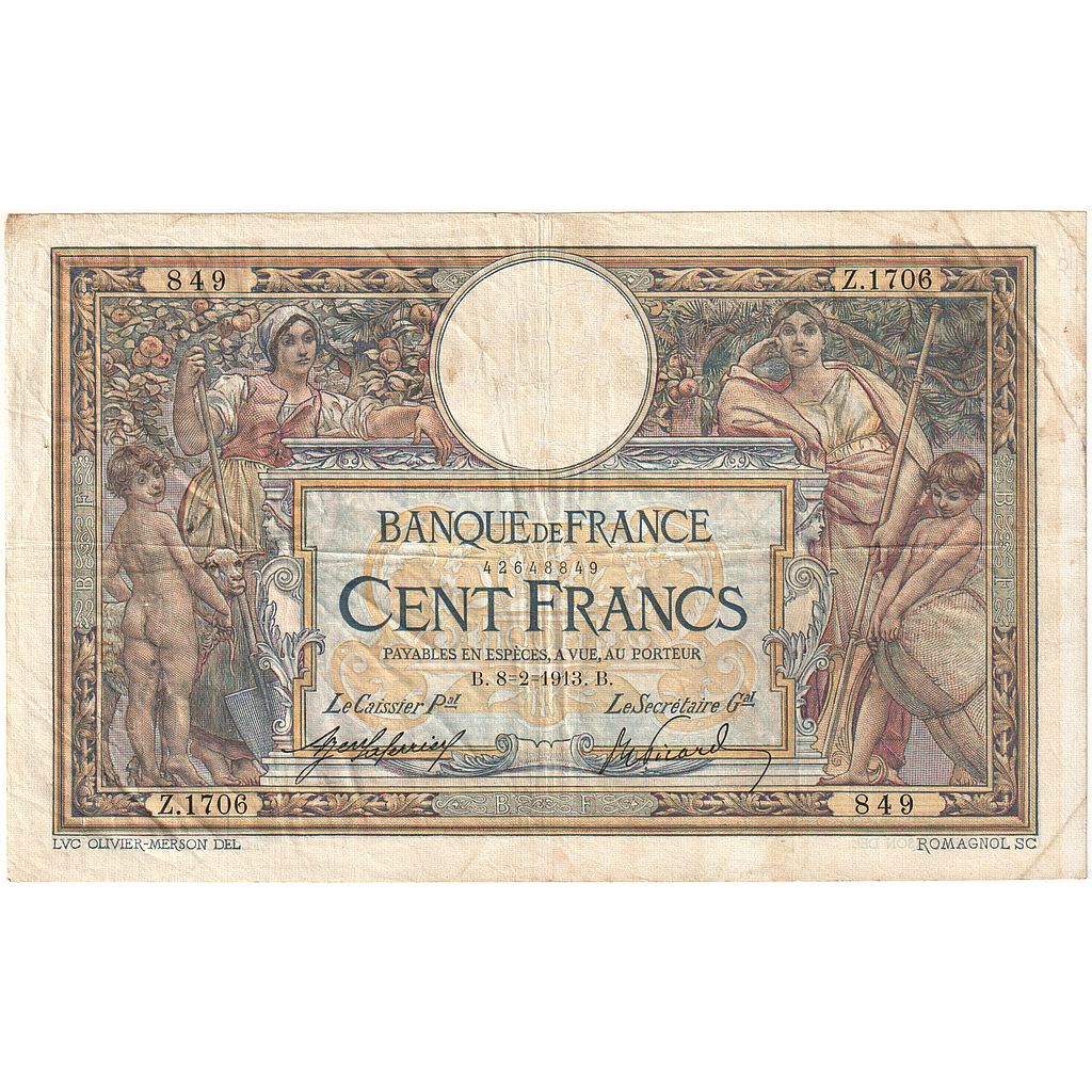 Francia, 100 Francs, Luc Olivier Merson, 1913, Z.1706, MBC, Fayette:23.05
