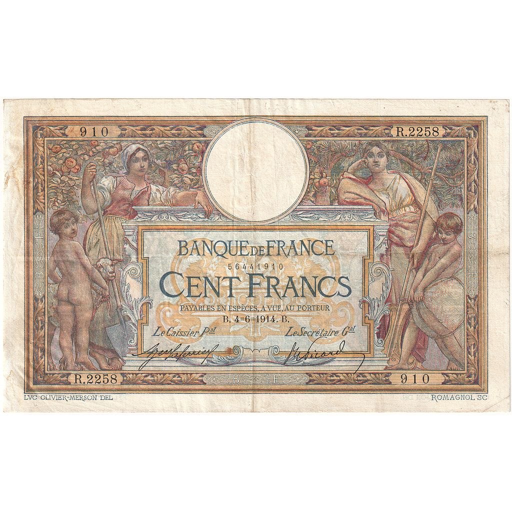 Francia, 100 Francs, Luc Olivier Merson, 1914, R.2258, BB, Fayette:23.06, KM:71a