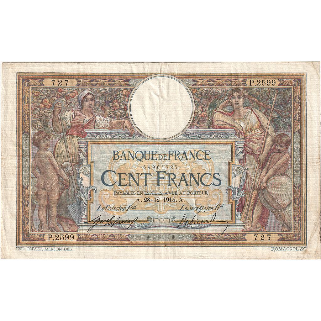 France, 100 Francs, Luc Olivier Merson, 1914, P.2599, EF(40-45), Fayette:23.06