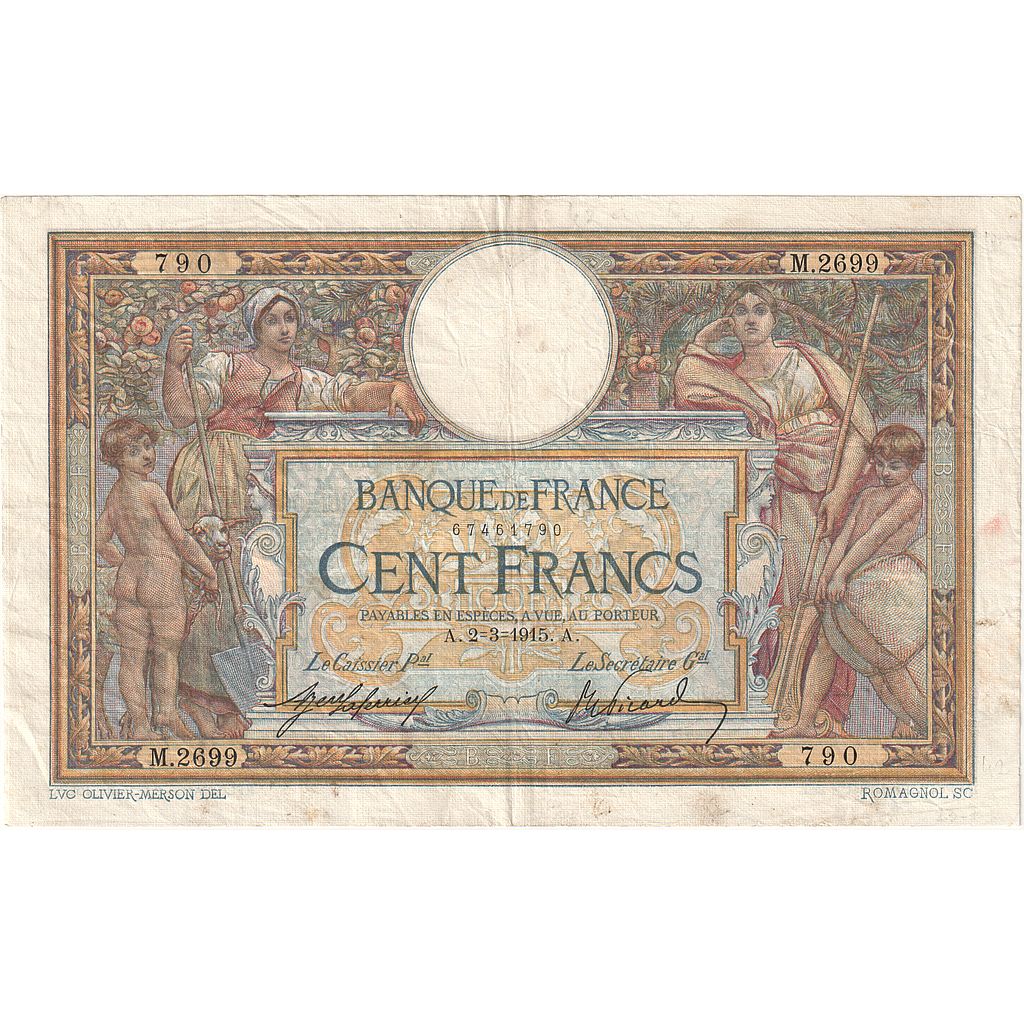 Francia, 100 Francs, Luc Olivier Merson, 1915, M.2699, BB, Fayette:23.07, KM:71a