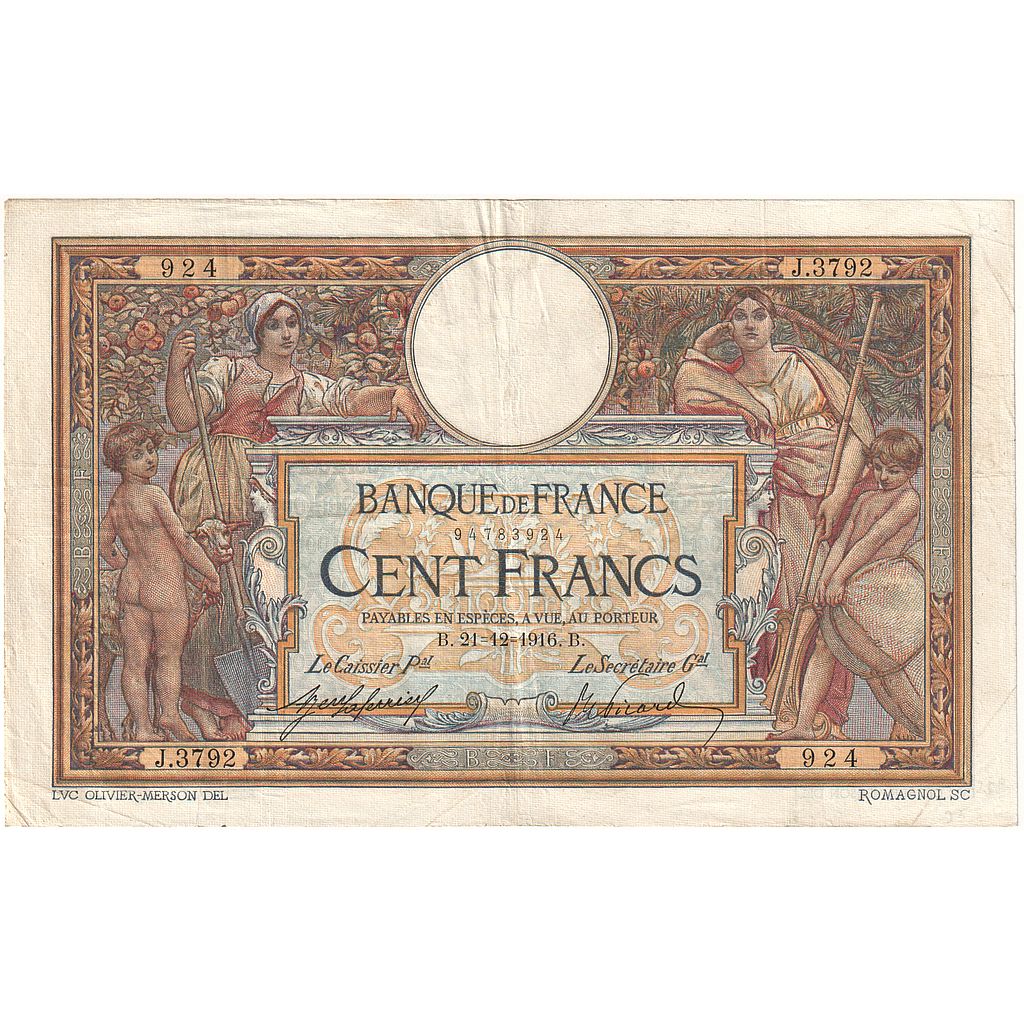 Francia, 100 Francs, Luc Olivier Merson, 1916, J.3792, BB, Fayette:23.08, KM:71a