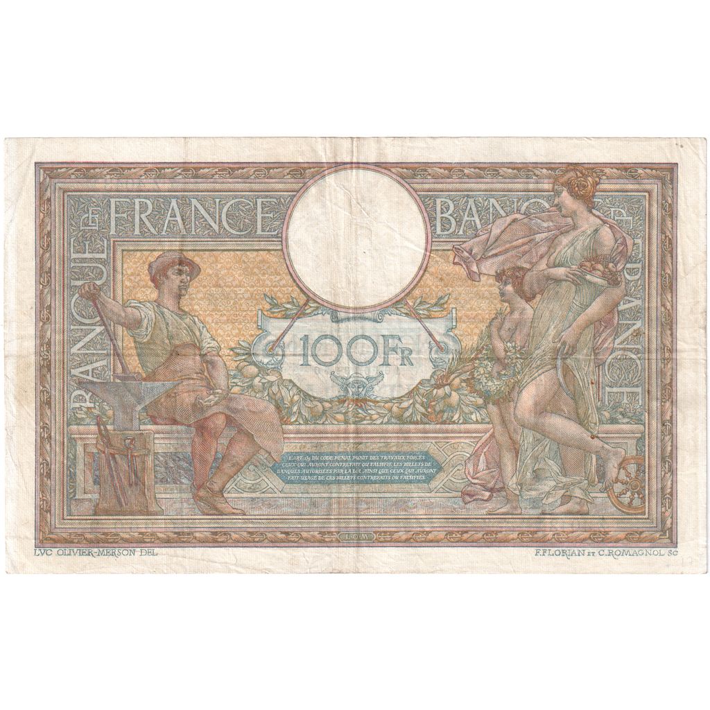 France, 100 Francs, Luc Olivier Merson, 1917, Z.4043, EF(40-45), Fayette:23.09