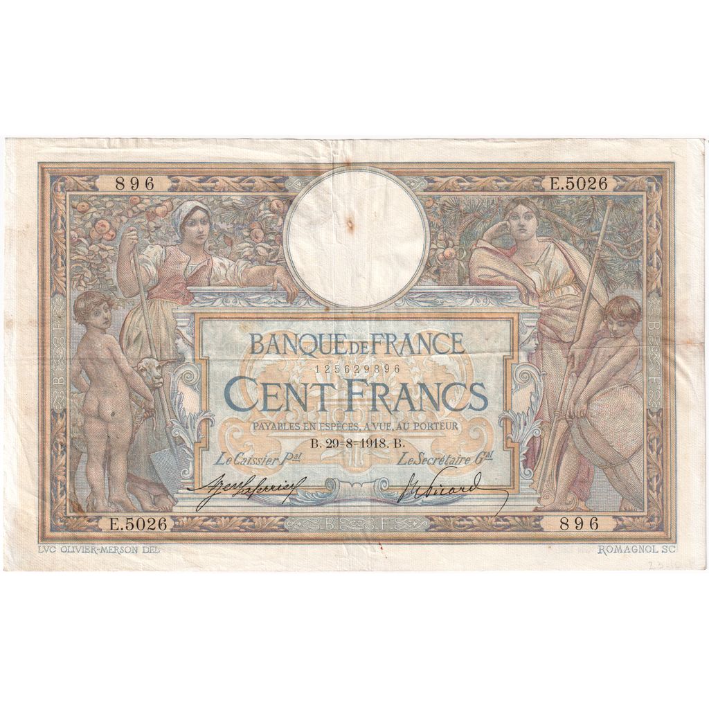 France, 100 Francs, Luc Olivier Merson, 1918, E.5026, EF(40-45), Fayette:23.10