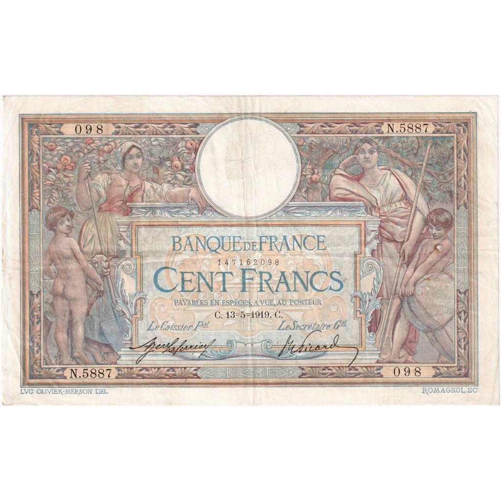 Francia, 100 Francs, Luc Olivier Merson, 1919, N.5887, MBC, Fayette:23.11