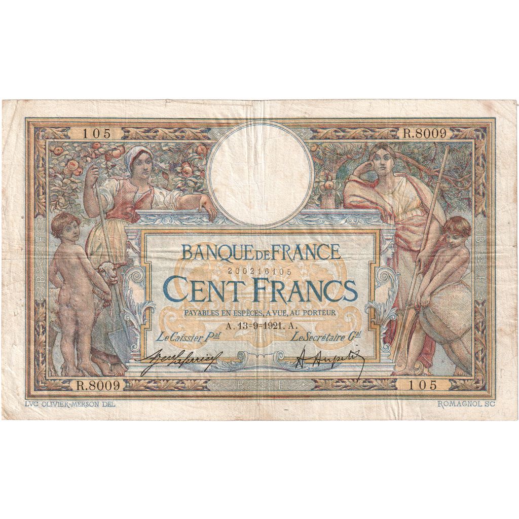 France, 100 Francs, Luc Olivier Merson, 1921, R.8009, VF(30-35), Fayette:23.14