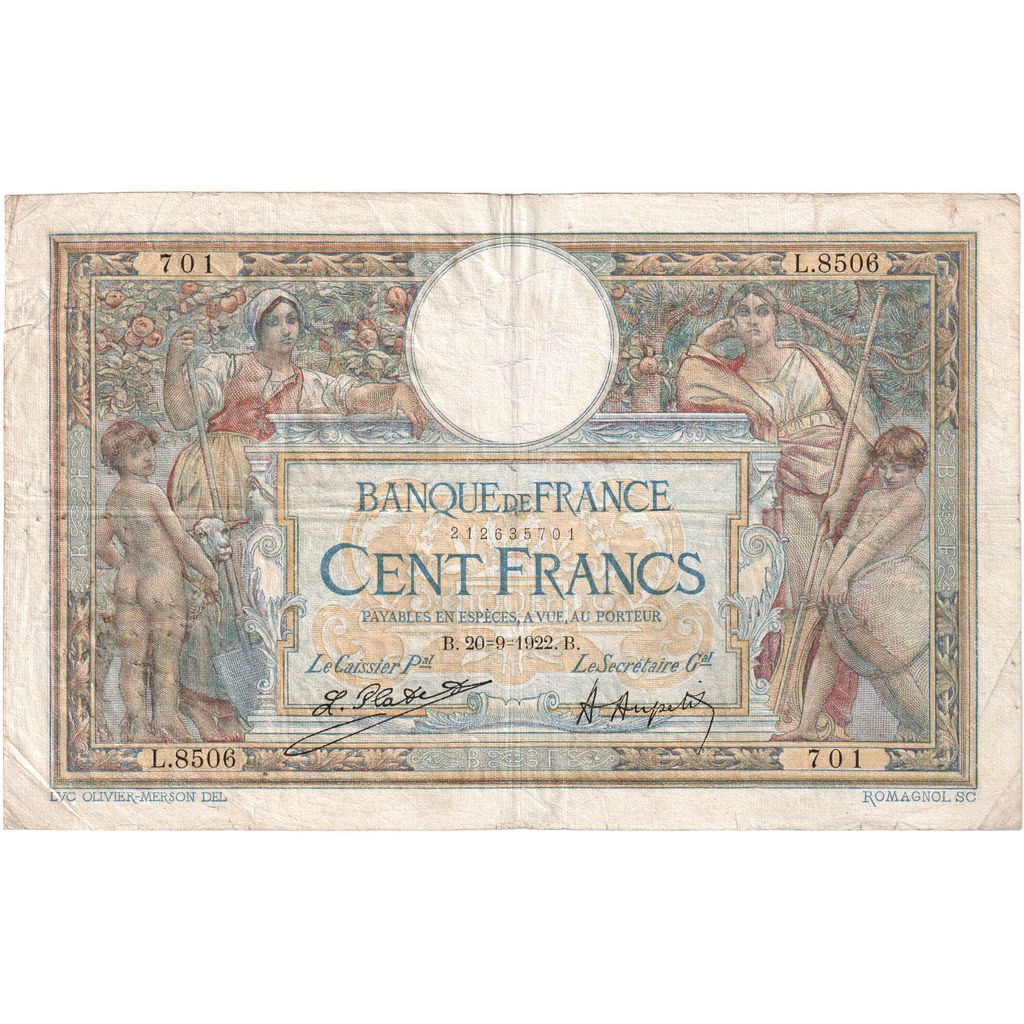 France, 100 Francs, Luc Olivier Merson, 1922, L.8506, VF(20-25), Fayette:23.15