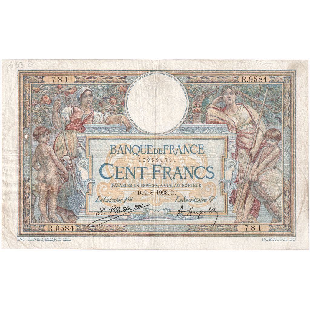 France, 100 Francs, Luc Olivier Merson, 1923, R.9584, VF(20-25), Fayette:32.16