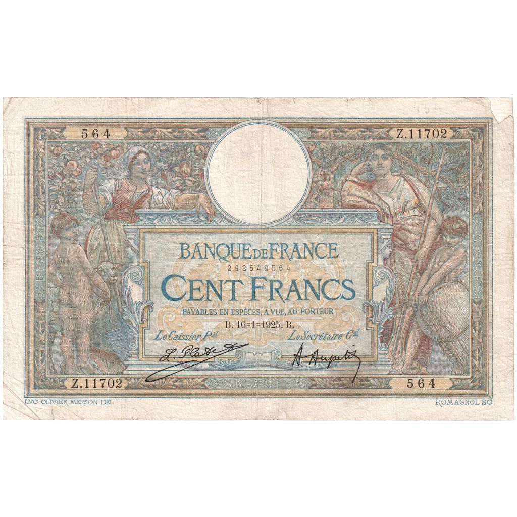 Frankreich, 100 Francs, Luc Olivier Merson, 1925, Z.11702, S+, Fayette:24.3