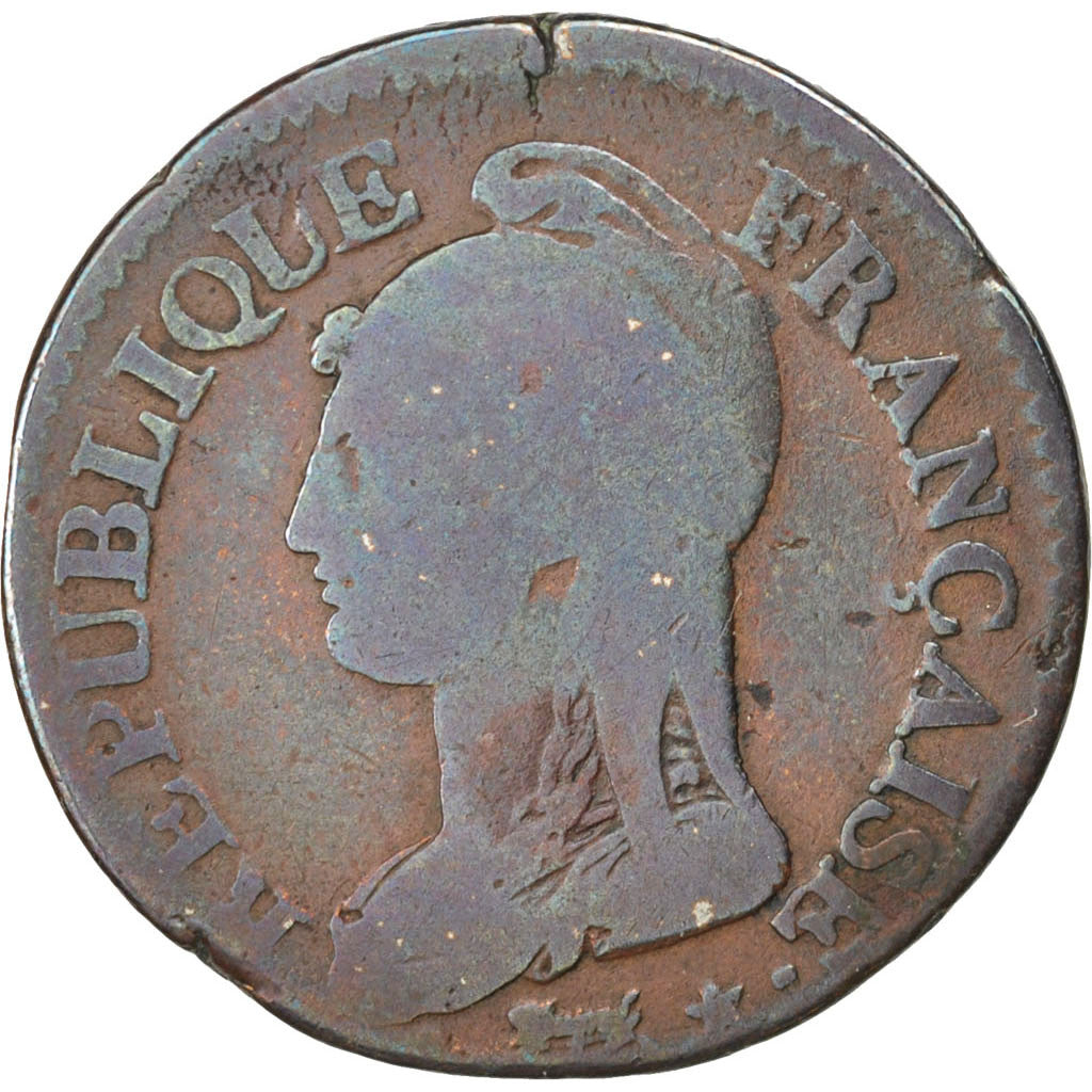 Moneta, Francia, Dupré, 5 Centimes, 1798, Lyon, MB, Bronzo, KM:640.5