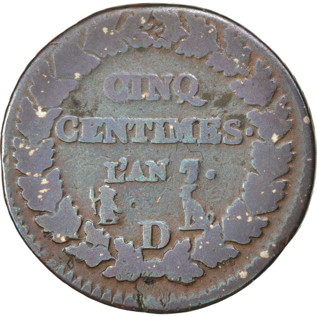 Moneta, Francia, Dupré, 5 Centimes, 1798, Lyon, MB, Bronzo, KM:640.5