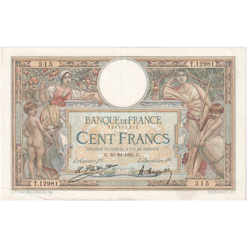 Francja, 100 Francs, Luc Olivier Merson, 1925, T.12981, AU(50-53), Fayette:24.3