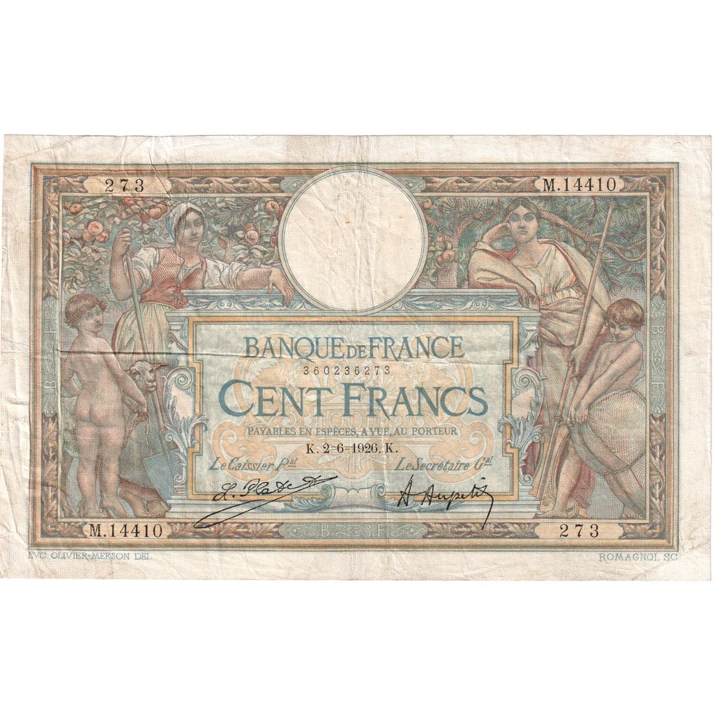 Frankreich, 100 Francs, Luc Olivier Merson, 1926, M.14410, SS, Fayette:24.4