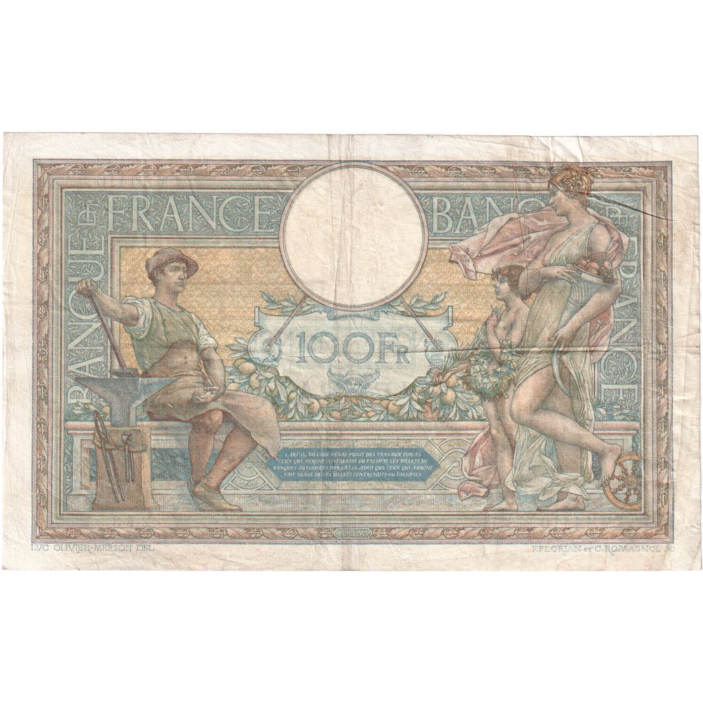 Frankreich, 100 Francs, Luc Olivier Merson, 1926, M.14410, SS, Fayette:24.4