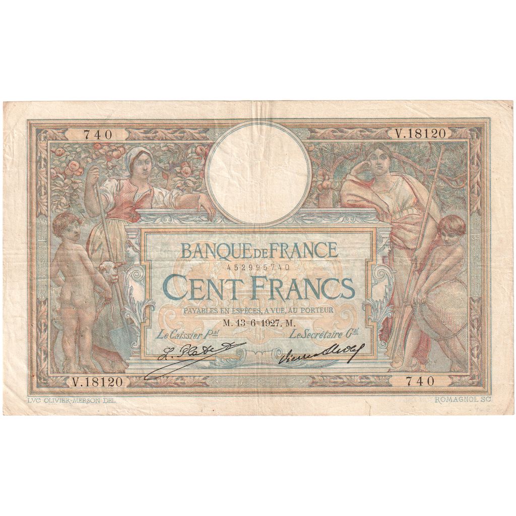 Francja, 100 Francs, Luc Olivier Merson, 1927, V.18120, VF(30-35), Fayette:24.6