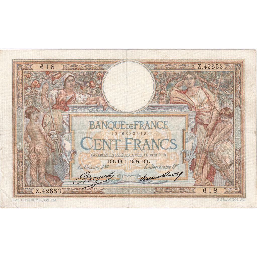 Frankreich, 100 Francs, Luc Olivier Merson, 1934, Z.42653, SS+, Fayette:24.13