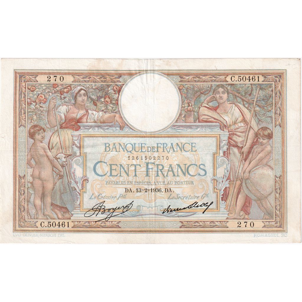 Frankreich, 100 Francs, Luc Olivier Merson, 1936, C.50461, SS, Fayette:24.15