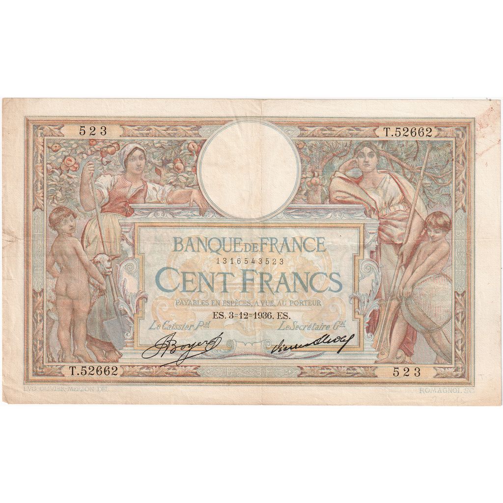 France, 100 Francs, Luc Olivier Merson, 1936, T.52662, TTB+, Fayette:24.15