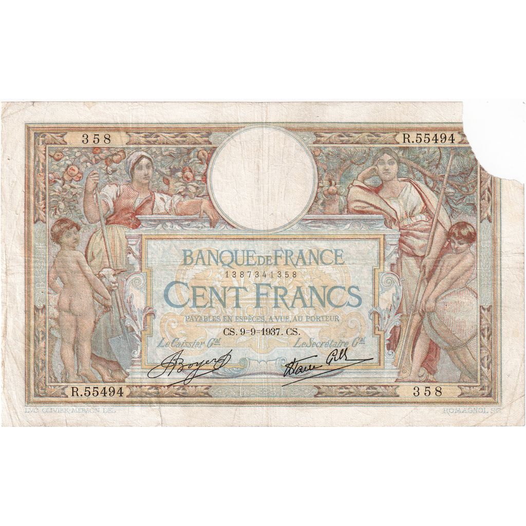 France, 100 Francs, Luc Olivier Merson, 1937, R.55494, G(4-6), Fayette:25.1