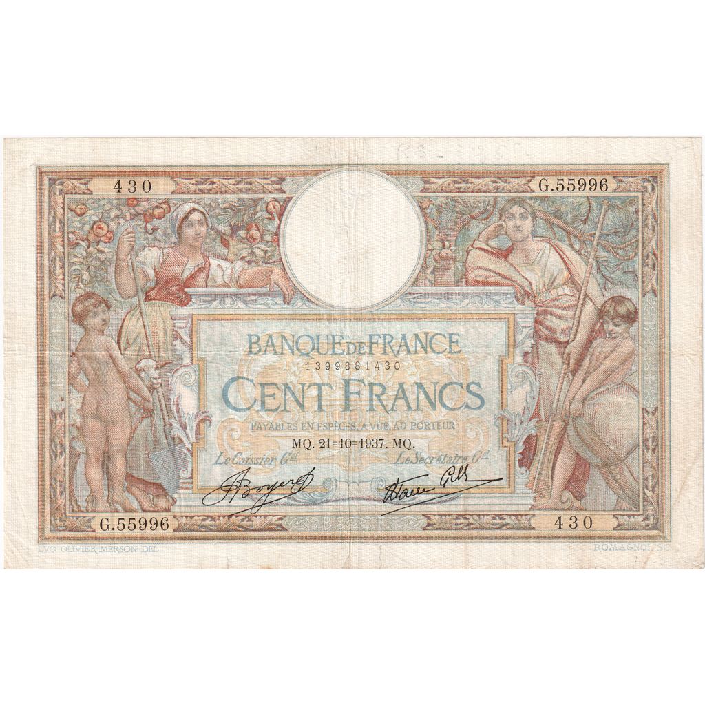 Frankreich, 100 Francs, Luc Olivier Merson, 1937, G.55996, S, Fayette:25.3