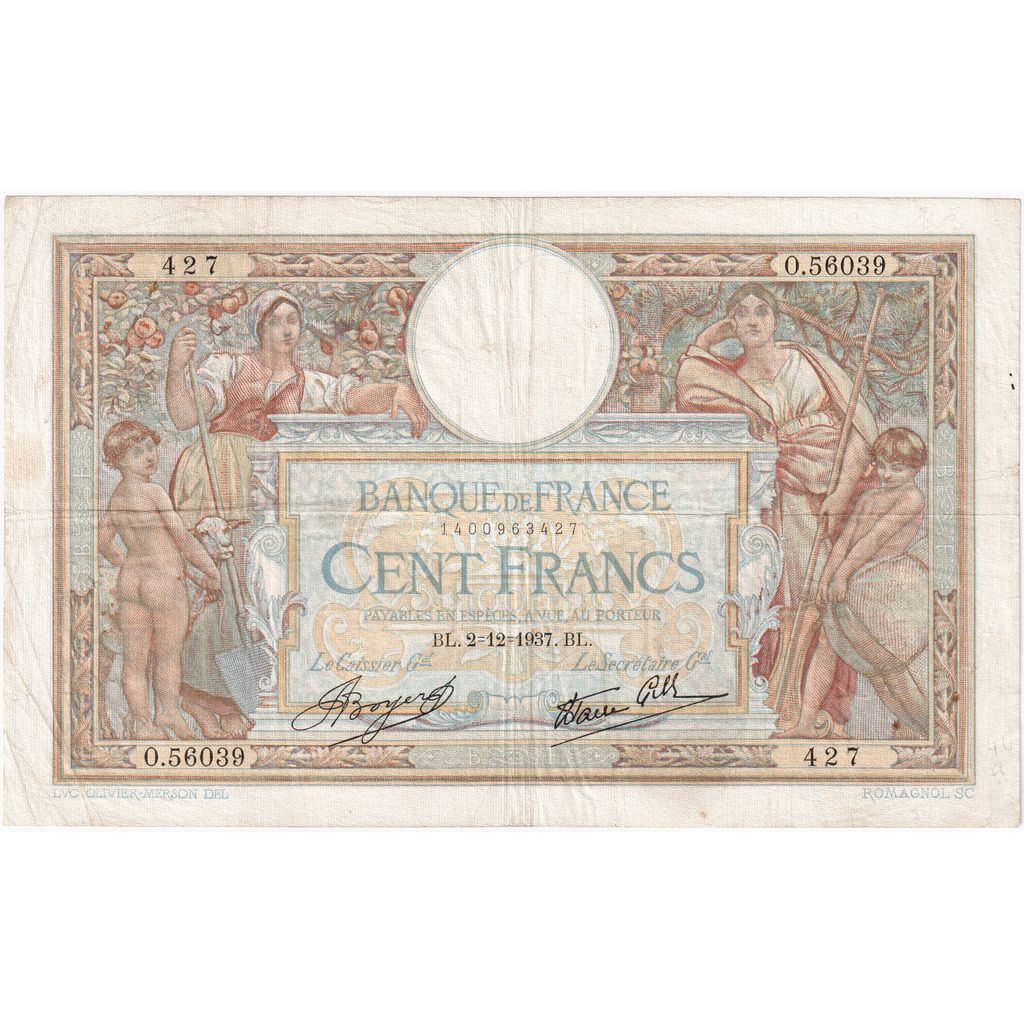 France, 100 Francs, Luc Olivier Merson, 1937, O.56039, VF(30-35), Fayette:25.4