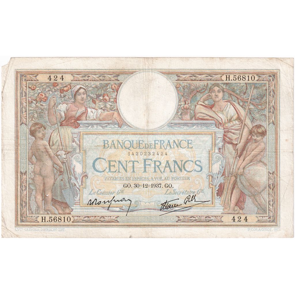 France, 100 Francs, Luc Olivier Merson, 1937, H.56810, VG(8-10), Fayette:25.07