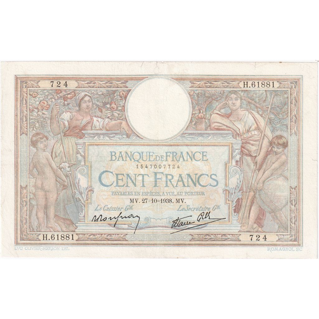 France, 100 Francs, Luc Olivier Merson, 1938, H.61881, EF(40-45), Fayette:25.33