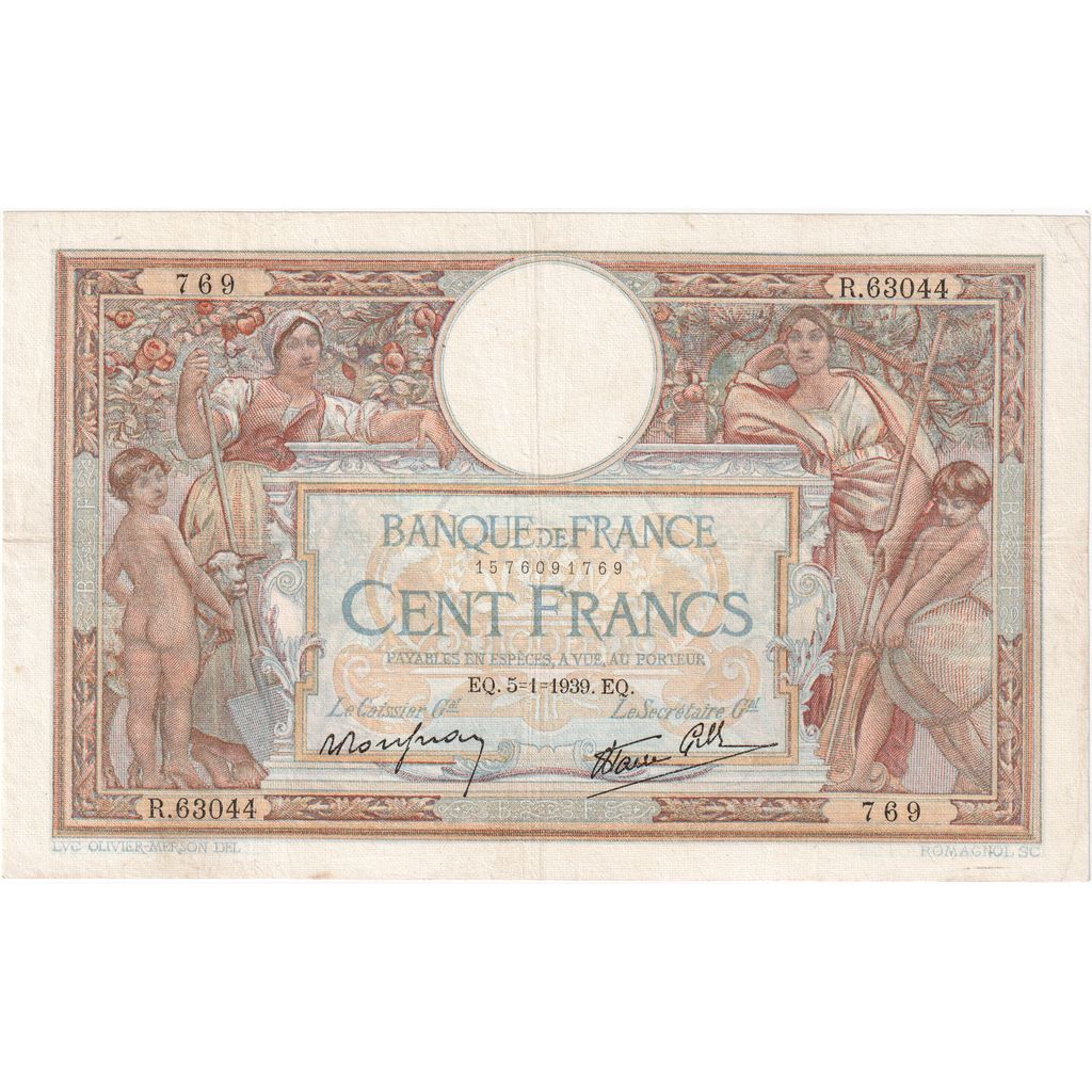France, 100 Francs, Luc Olivier Merson, 1939, R.63044, AU(50-53), Fayette:25.38