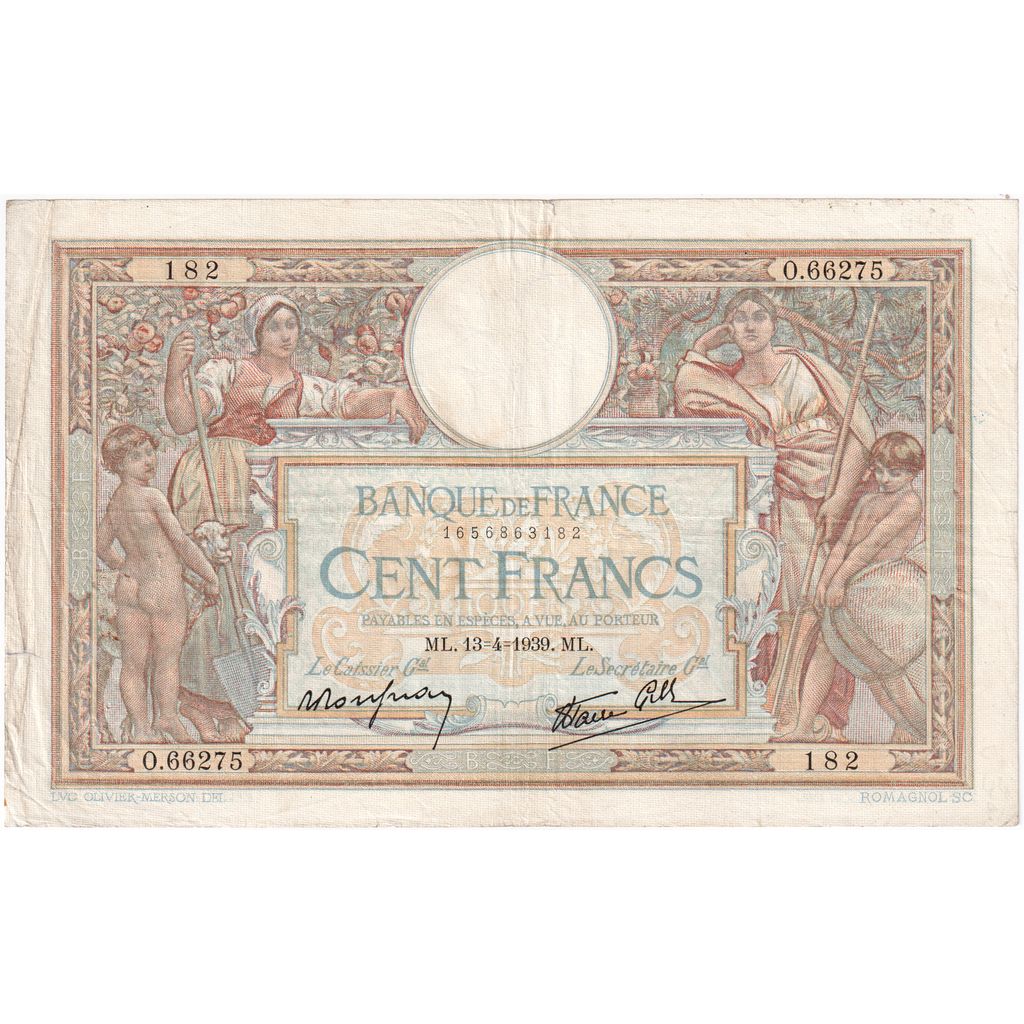 Francia, 100 Francs, Luc Olivier Merson, 1939, O.66275, MBC, Fayette:25.46