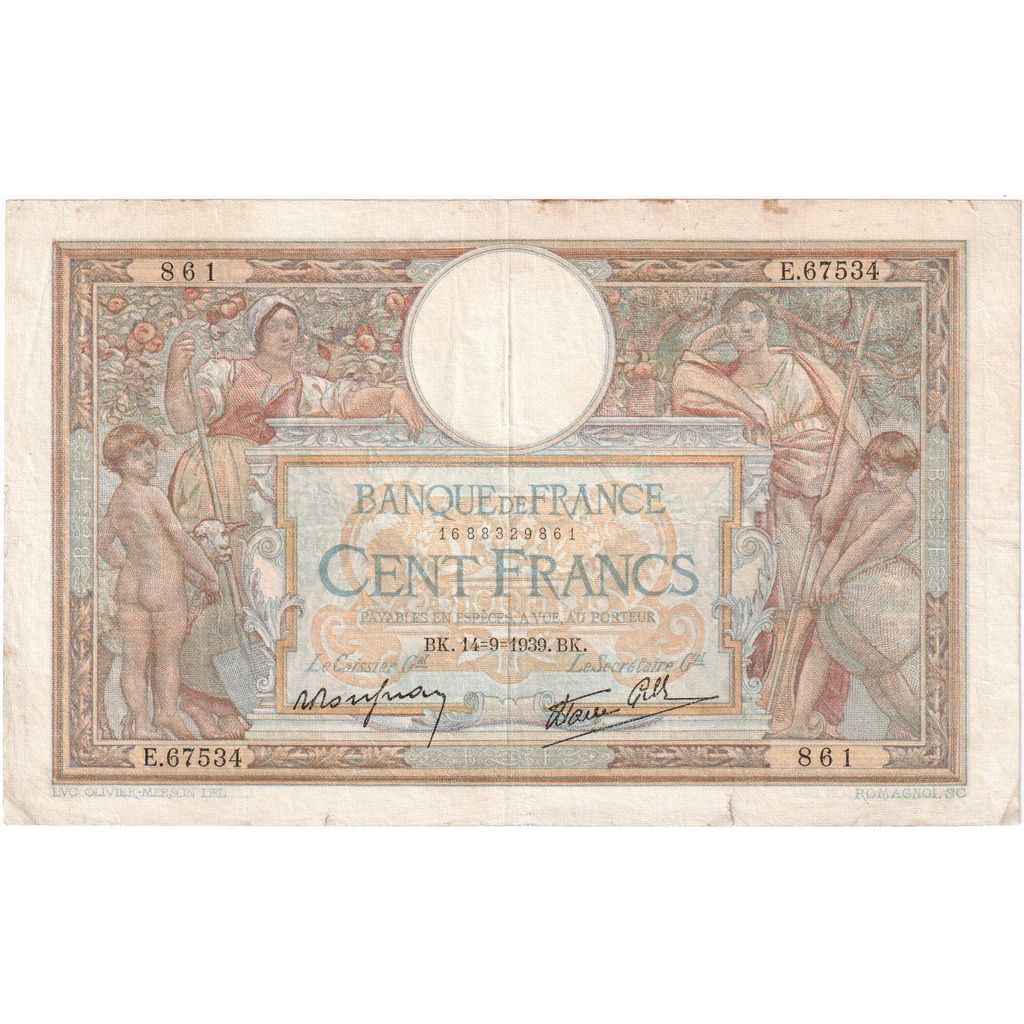 France, 100 Francs, Luc Olivier Merson, 1939, E.67534, VF(20-25), Fayette:25.49