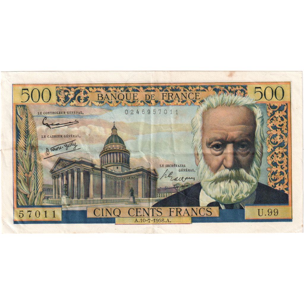 France, 500 Francs, Victor Hugo, 1958, U.99, EF(40-45), Fayette:35.9, KM:133b