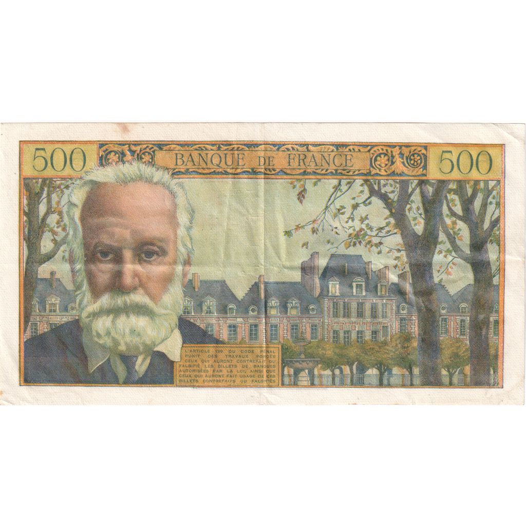 France, 500 Francs, Victor Hugo, 1958, U.99, EF(40-45), Fayette:35.9, KM:133b