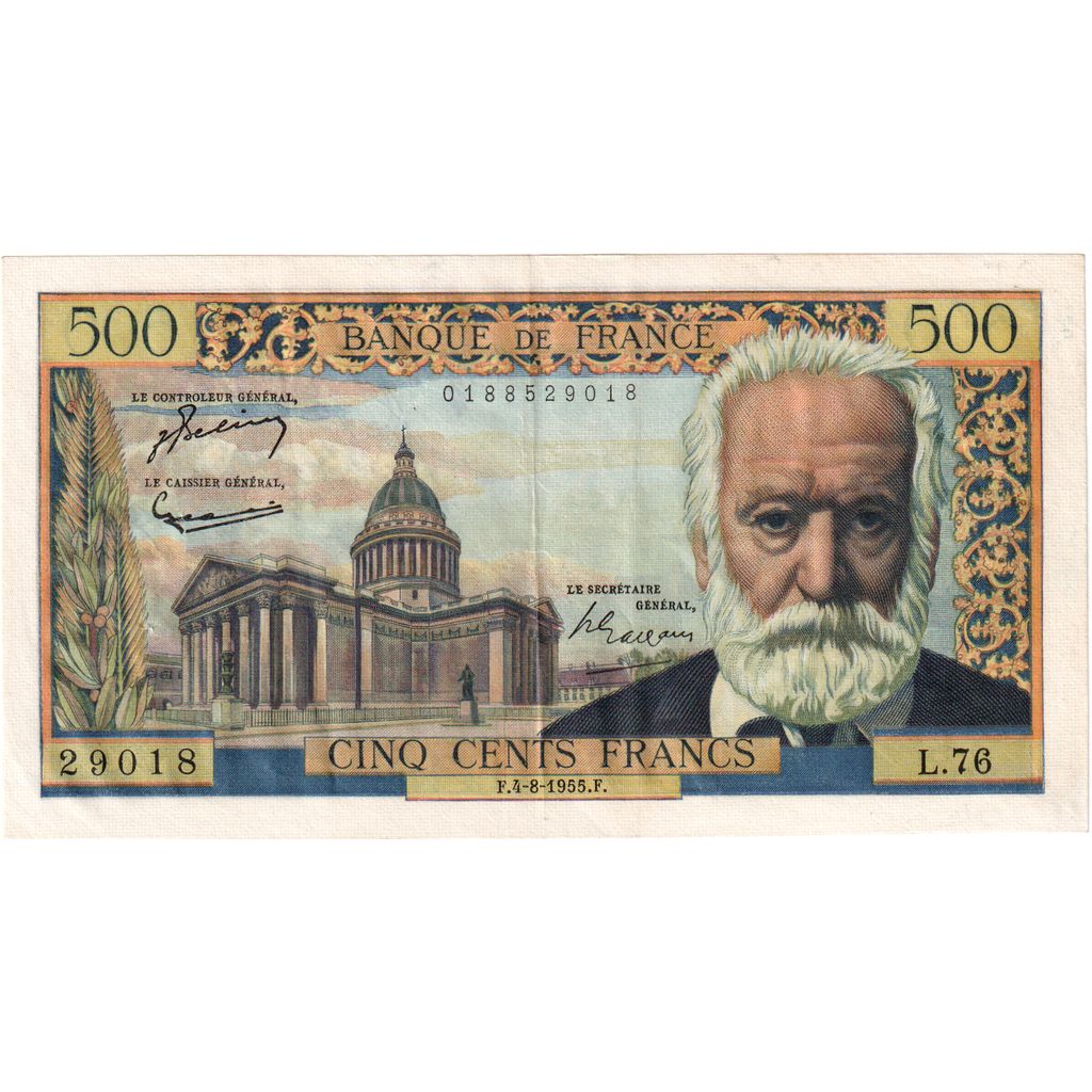 France, 500 Francs, Victor Hugo, 1955, L.76, AU(50-53), Fayette:35.5, KM:133a