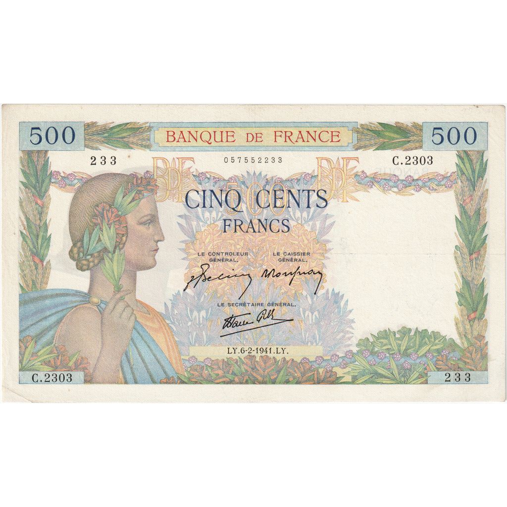 France, 500 Francs, La Paix, 1941, C.2303, SUP, Fayette:32.14, KM:95b