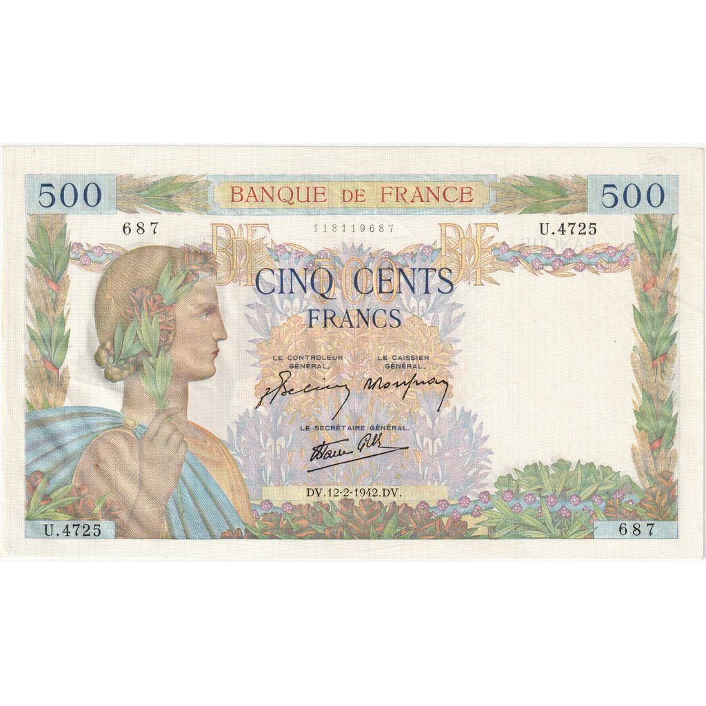 France, 500 Francs, La Paix, 1942, U.4725, AU(55-58), Fayette:32.29, KM:95b