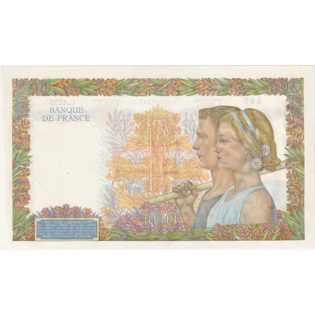 France, 500 Francs, La Paix, 1942, U.4725, AU(55-58), Fayette:32.29, KM:95b