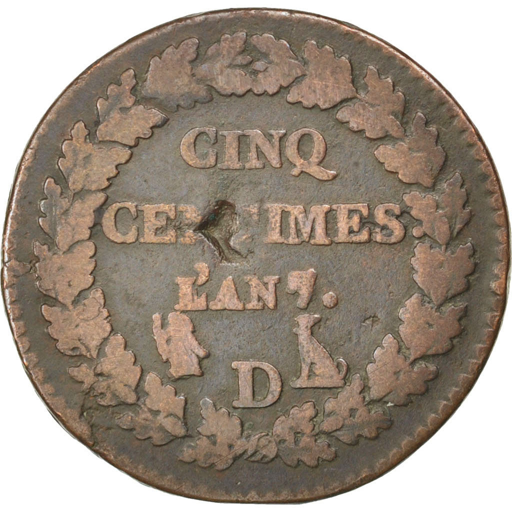 Münze, Frankreich, Dupré, 5 Centimes, 1798, Lyon, SGE+, Bronze, KM:640.5