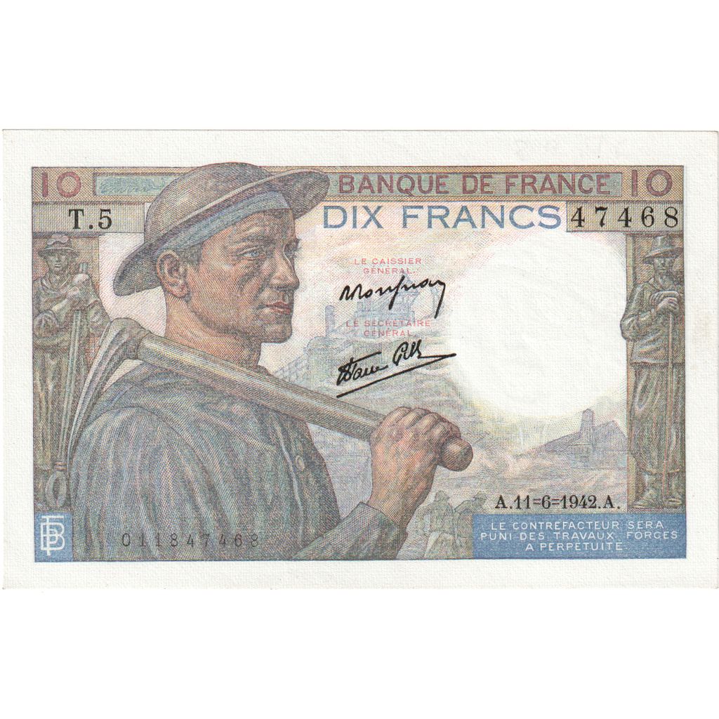 Francia, 10 Francs, Mineur, 1942, T.5, SC, Fayette:8.03, KM:99c