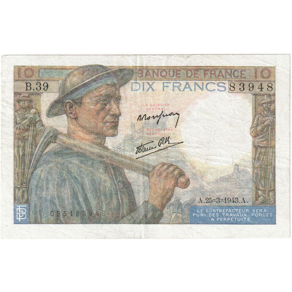 Francia, 10 Francs, Mineur, 1943, B.39, MBC, Fayette:08.08, KM:99e
