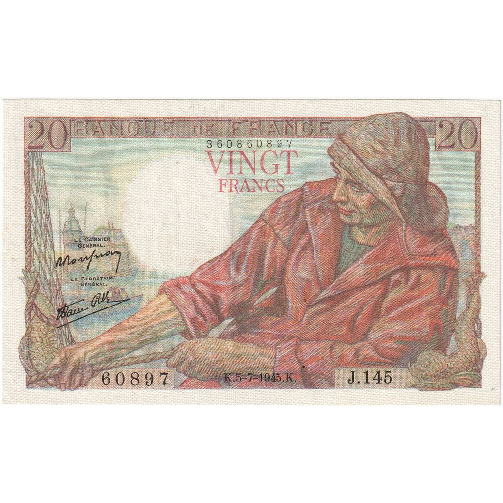 Francia, 20 Francs, Pêcheur, 1945, J.145, SPL, Fayette:13.10, KM:100b