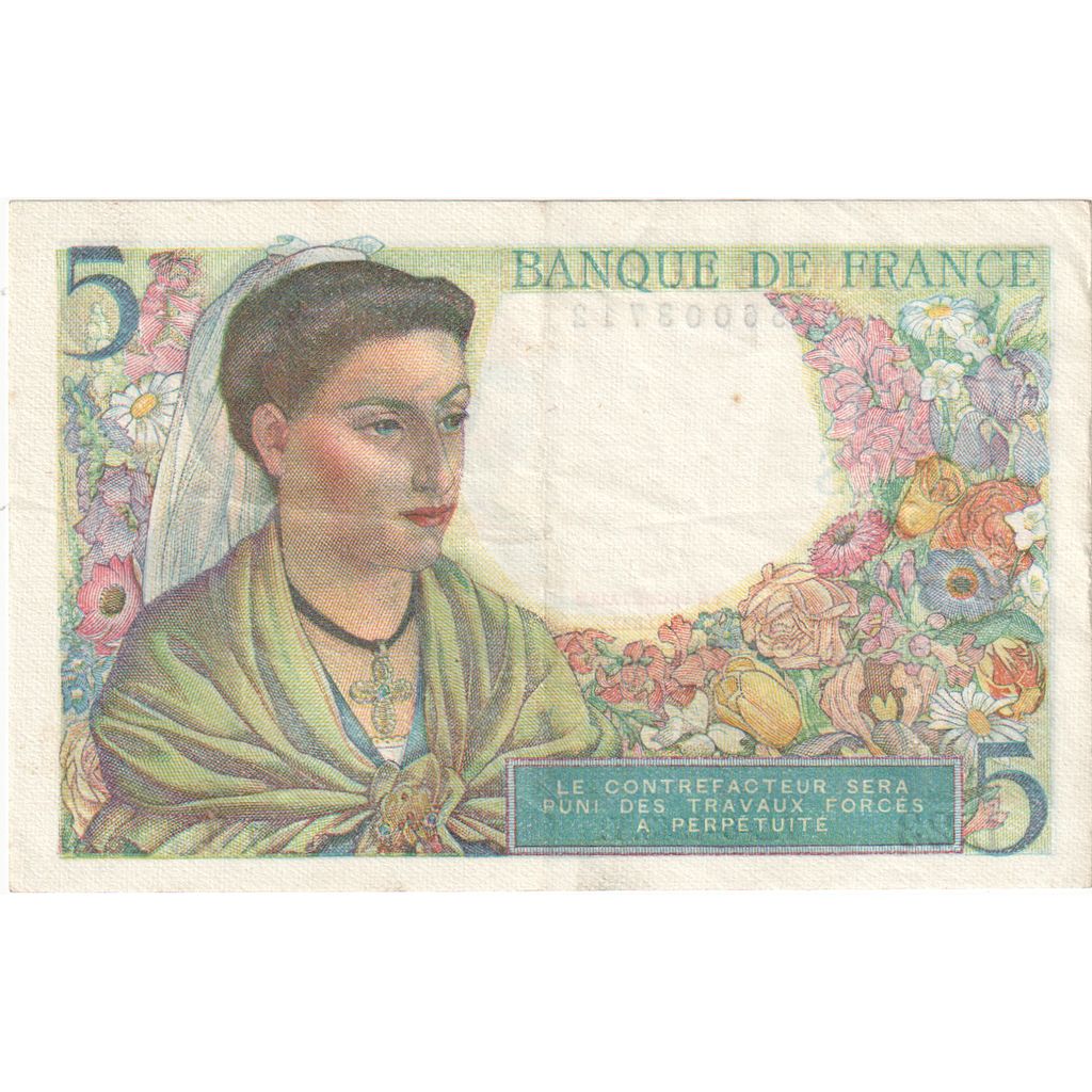 França, 5 Francs, Berger, 1943, L.23, EF(40-45), Fayette:05.01, KM:98a