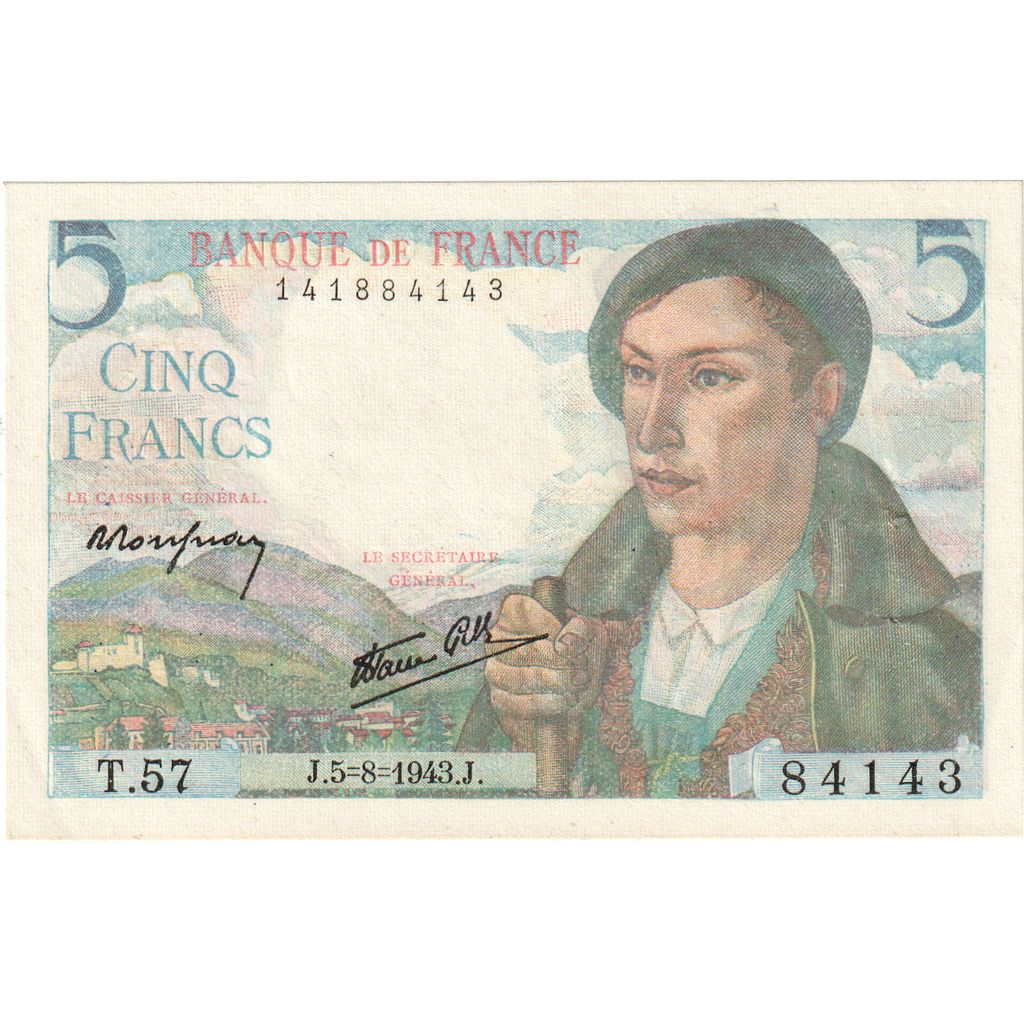 França, 5 Francs, Berger, 1943, T.57, UNC(65-70), Fayette:05.03, KM:98a