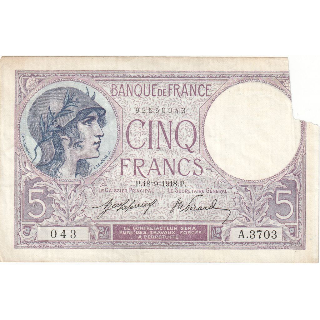 Frankrijk, 5 Francs, Violet, 1918, A.3703, B, Fayette:03.02, KM:72a