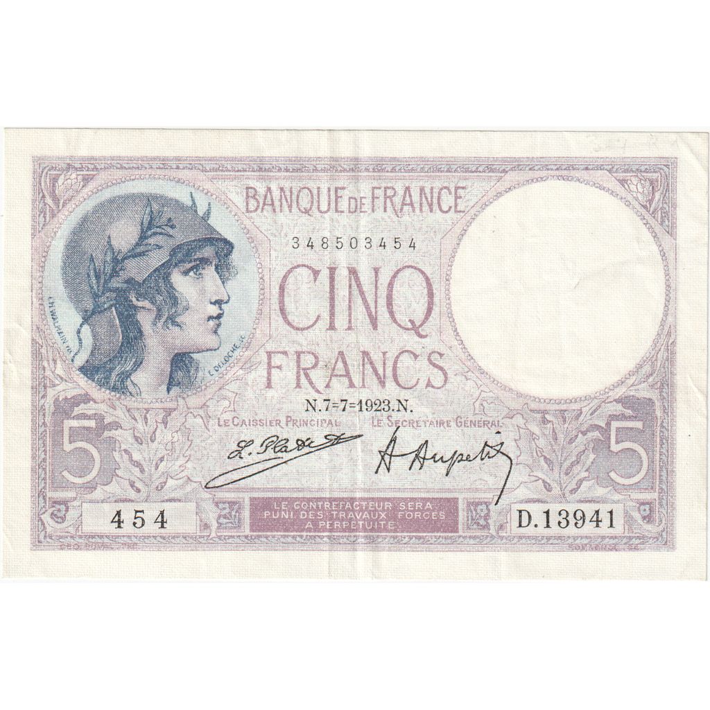 Francia, 5 Francs, Violet, 1923, D.13941, MBC+, Fayette:3.7, KM:72c