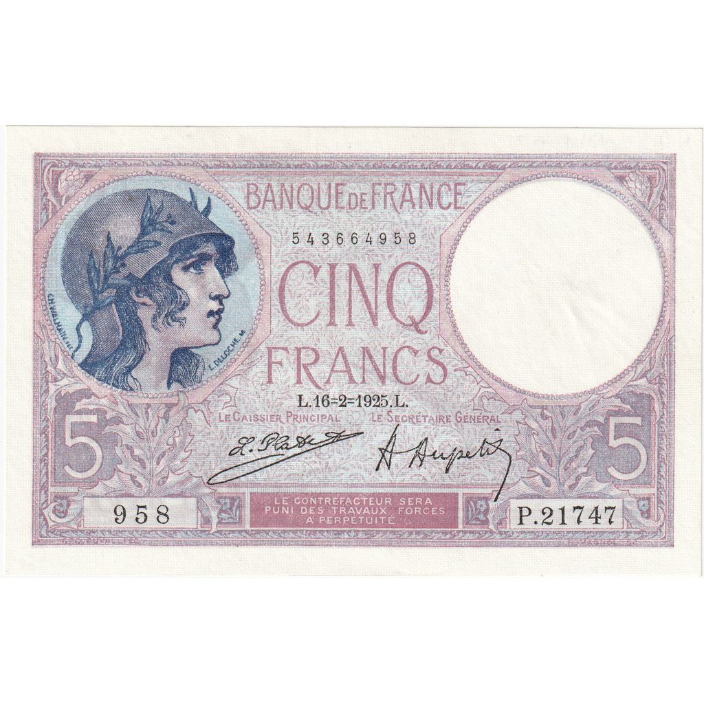 França, 5 Francs, Violet, 1925, P.21747, UNC(65-70), Fayette:3.09, KM:72c